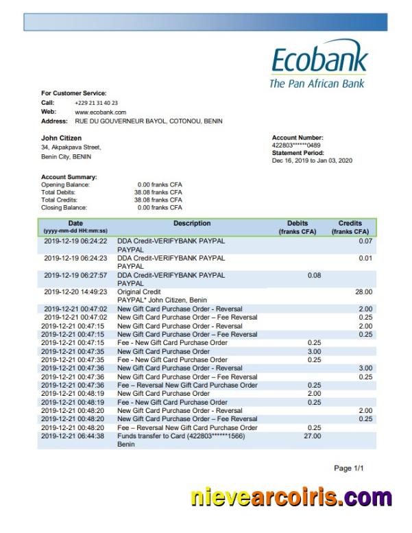 Benin Ecobank bank statement